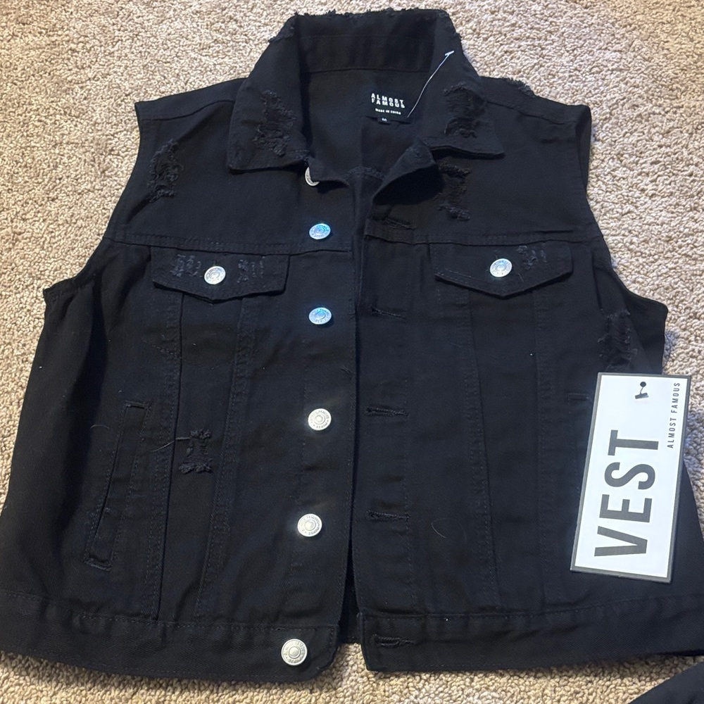 Almost Famous Black Denim Vest with Distressed Details
